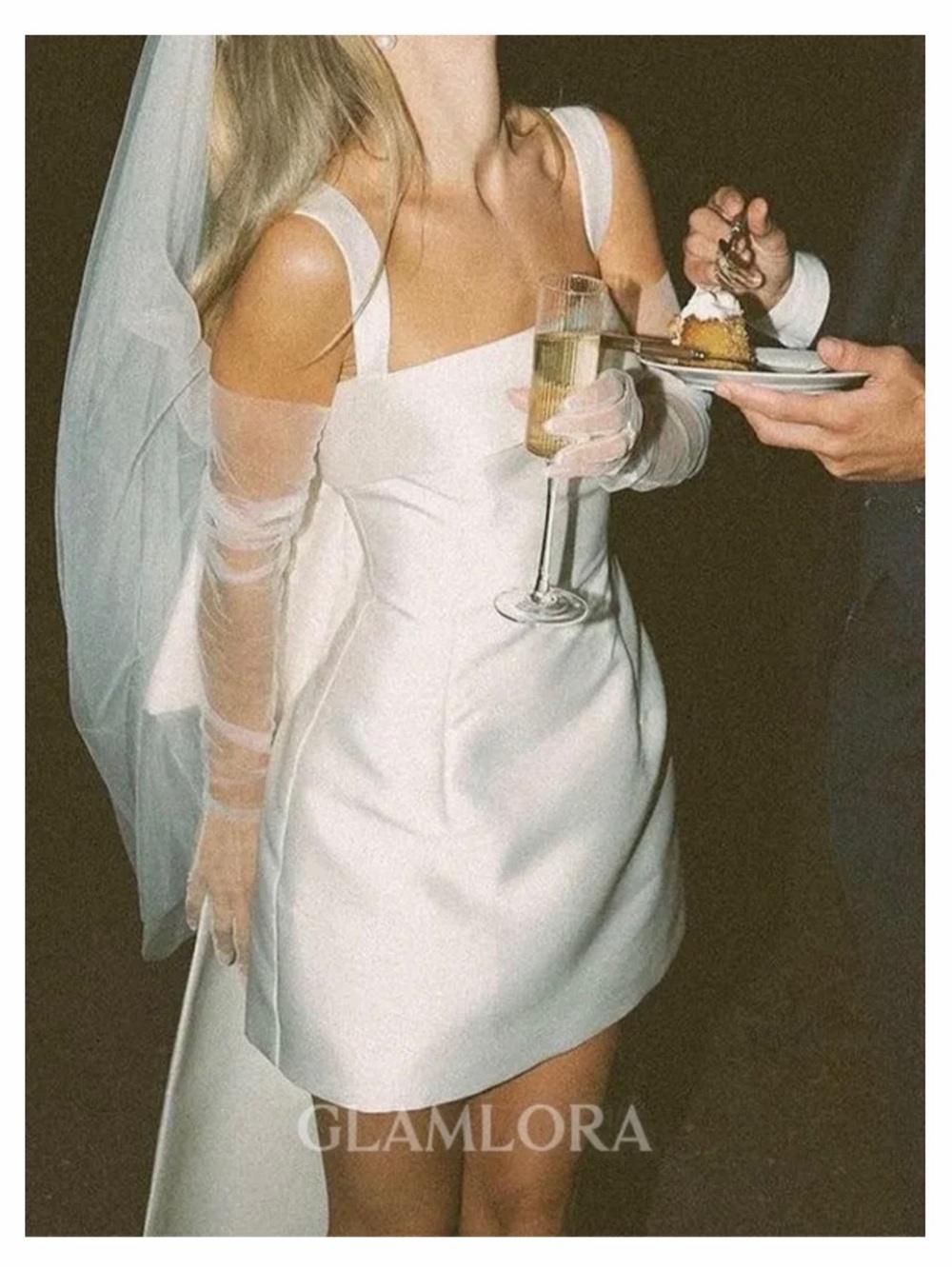 White Satin Mini Dress with Sheer Gloves